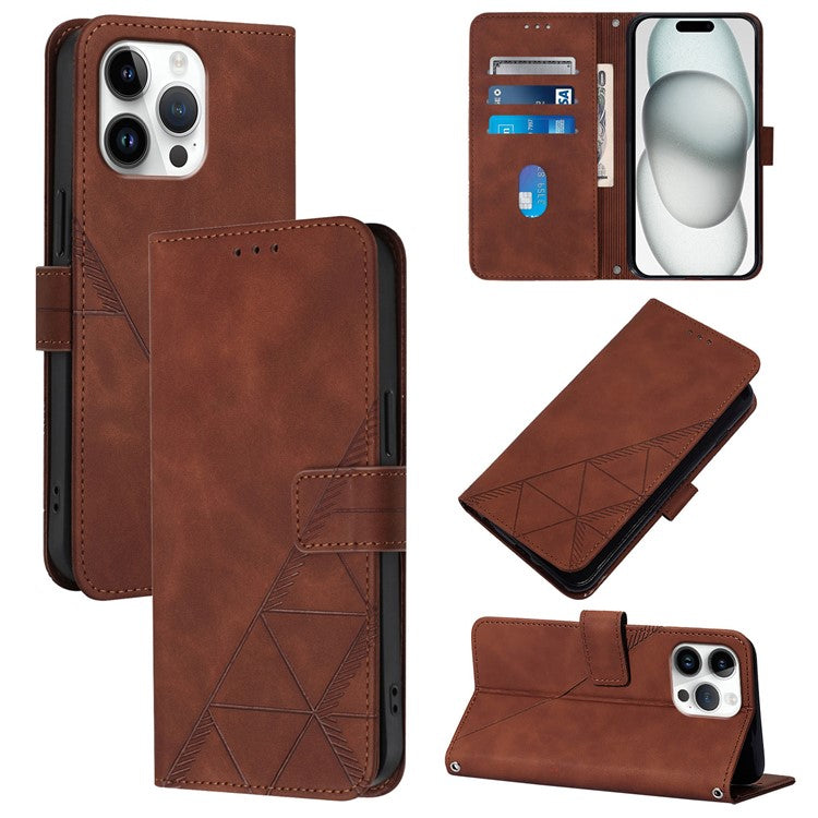 YB Imprinting Series-1 For iPhone 16 Pro Leather Case with Hand Strap Wallet Phone Cover - Brown