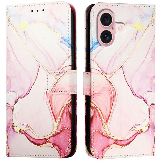 YB Pattern Printing Leather Series-6 For iPhone 16 Plus Case Marble Wallet Crossbody Phone Cover - Rose Gold LS005