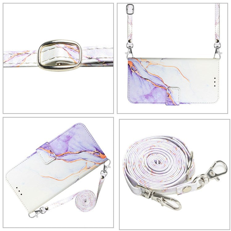 YB Pattern Printing Leather Series-6 For iPhone 16 Case Marble Wallet Crossbody Phone Cover - White / Purple LS006