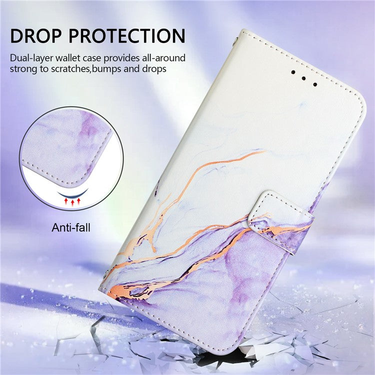 YB Pattern Printing Leather Series-6 For iPhone 16 Case Marble Wallet Crossbody Phone Cover - White / Purple LS006