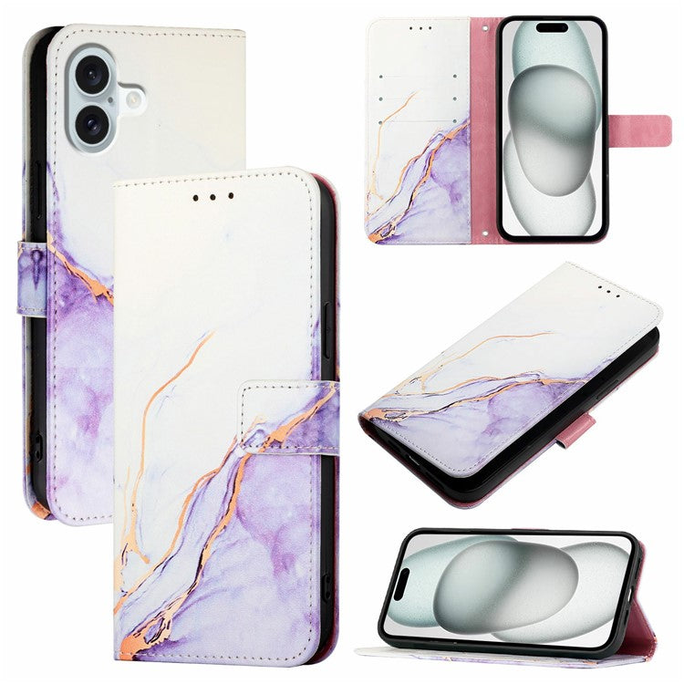 YB Pattern Printing Leather Series-6 For iPhone 16 Case Marble Wallet Crossbody Phone Cover - White / Purple LS006