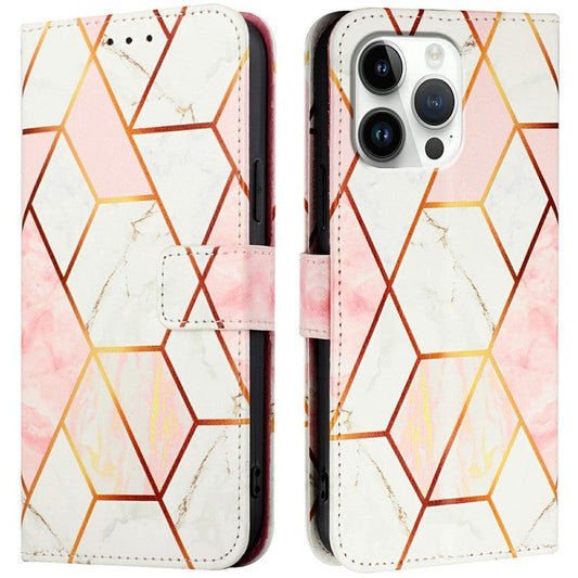 YB Pattern Printing Leather Series-6 For iPhone 16 Pro Case Marble Wallet Crossbody Phone Cover - Pink / White LS002
