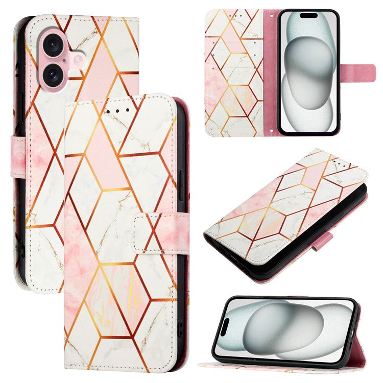 YB Pattern Printing Leather Series-5 For iPhone 16 Case Marble Pattern Wallet Phone Cover - Pink / White LS002