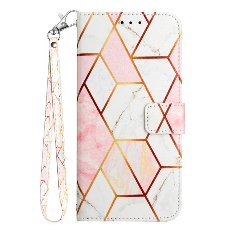 YB Pattern Printing Leather Series-5 For iPhone 16 Case Marble Pattern Wallet Phone Cover - Pink / White LS002