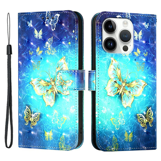 YB Pattern Printing Leather Series-2 For iPhone 16 Pro Case Stand View Wallet Phone Cover - Golden Butterflies