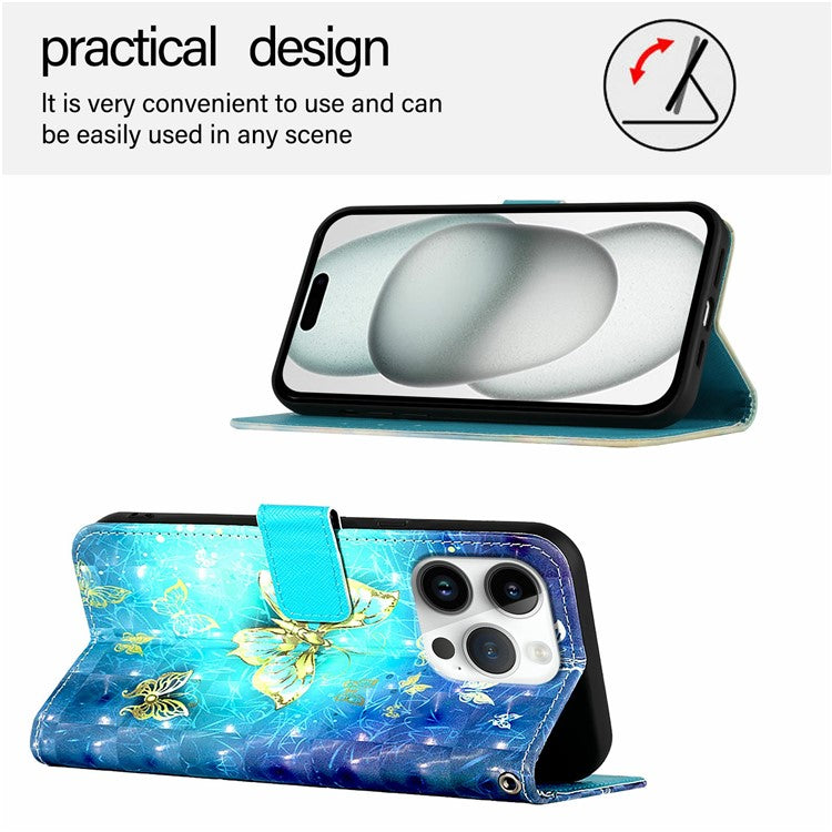 YB Pattern Printing Leather Series-2 For iPhone 16 Pro Case Stand View Wallet Phone Cover - Golden Butterflies