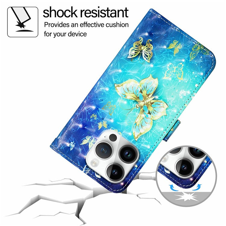YB Pattern Printing Leather Series-2 For iPhone 16 Pro Case Stand View Wallet Phone Cover - Golden Butterflies