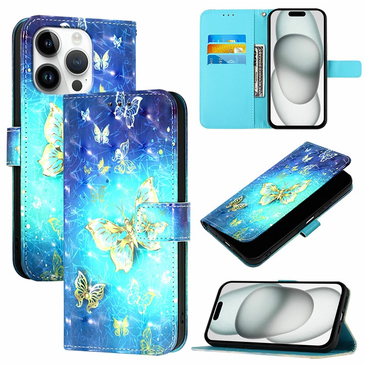 YB Pattern Printing Leather Series-2 For iPhone 16 Pro Case Stand View Wallet Phone Cover - Golden Butterflies