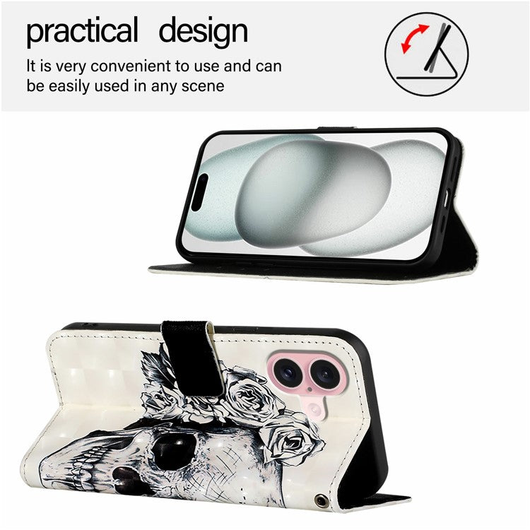YB Pattern Printing Leather Series-2 For iPhone 16 Case Stand View Wallet Phone Cover - Skull