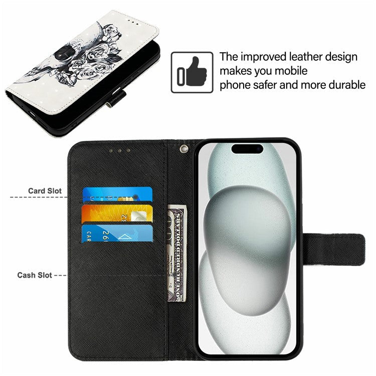 YB Pattern Printing Leather Series-2 For iPhone 16 Case Stand View Wallet Phone Cover - Skull