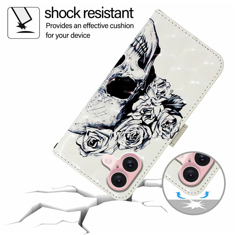 YB Pattern Printing Leather Series-2 For iPhone 16 Case Stand View Wallet Phone Cover - Skull