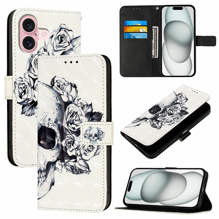 YB Pattern Printing Leather Series-2 For iPhone 16 Case Stand View Wallet Phone Cover - Skull