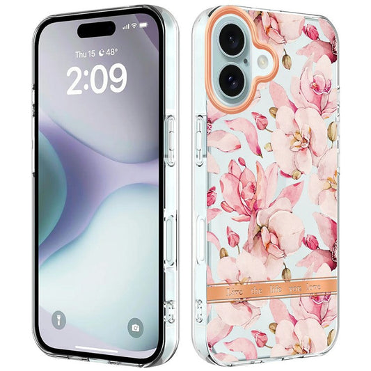 YB IMD-8 Series for iPhone 16 Plus TPU Case Flower Pattern IMD IML Phone Cover - HC005 Pink Gardenia