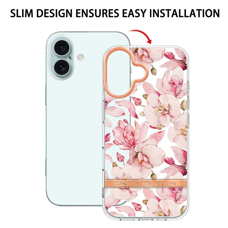 YB IMD-8 Series for iPhone 16 TPU Case Flower Pattern IMD IML Phone Cover - HC005 Pink Gardenia