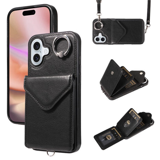 005 For iPhone 16 Plus Case PU Leather Back Cover Card Holder Ring Kickstand - Black