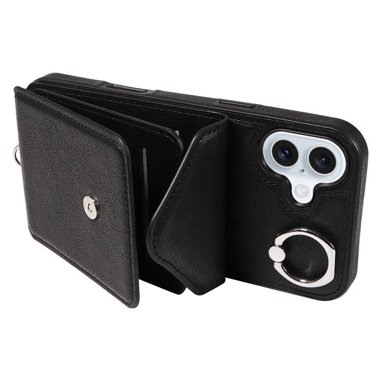 005 For iPhone 16 Plus Case PU Leather Back Cover Card Holder Ring Kickstand - Black