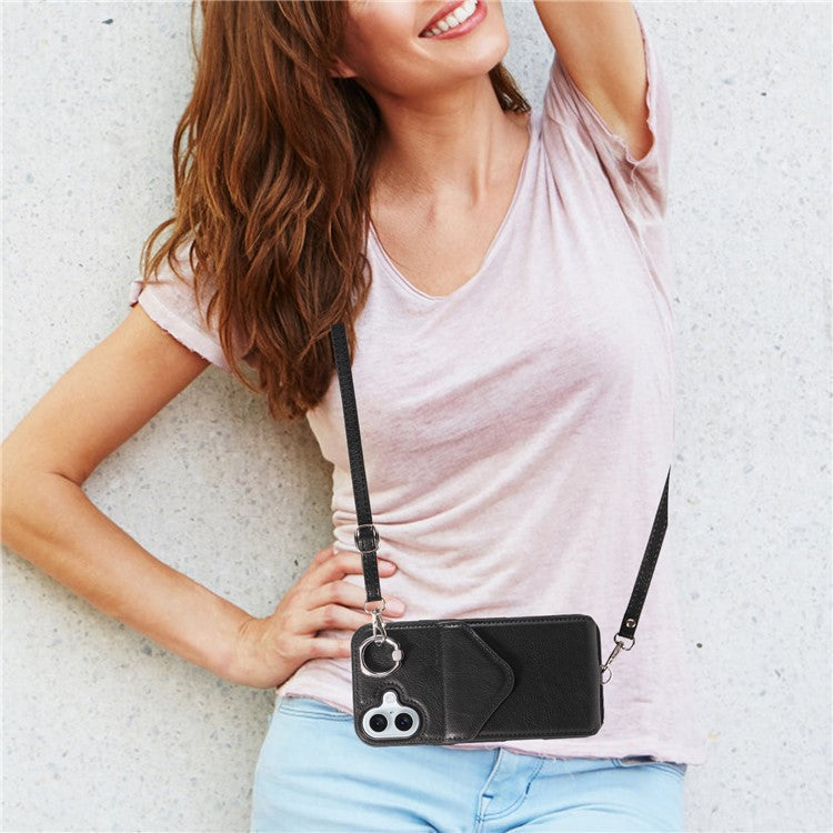 005 For iPhone 16 Plus Case PU Leather Back Cover Card Holder Ring Kickstand - Black