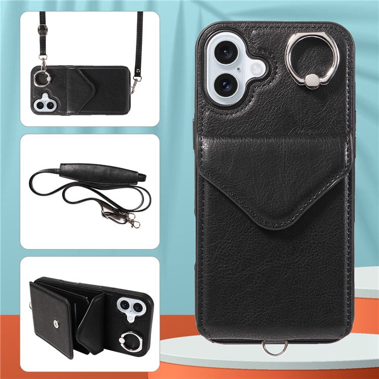 005 For iPhone 16 Plus Case PU Leather Back Cover Card Holder Ring Kickstand - Black