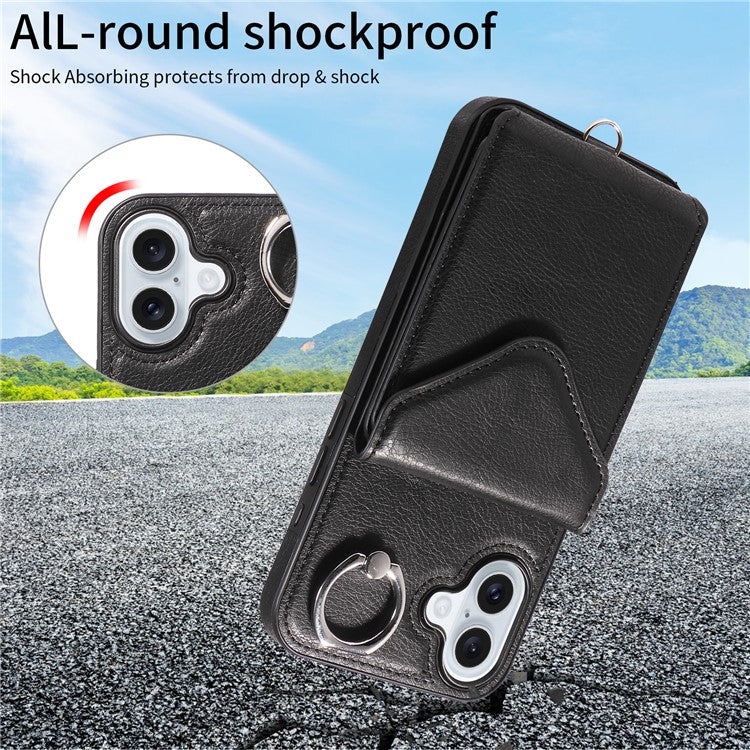 005 For iPhone 16 Plus Case PU Leather Back Cover Card Holder Ring Kickstand - Black
