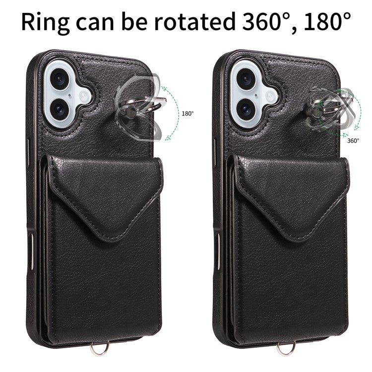 005 For iPhone 16 Plus Case PU Leather Back Cover Card Holder Ring Kickstand - Black