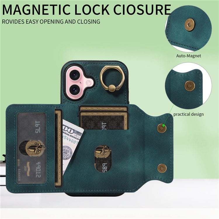 001 For iPhone 16 Case Secure-Grip Kickstand Leather + TPU Phone Cover - Green