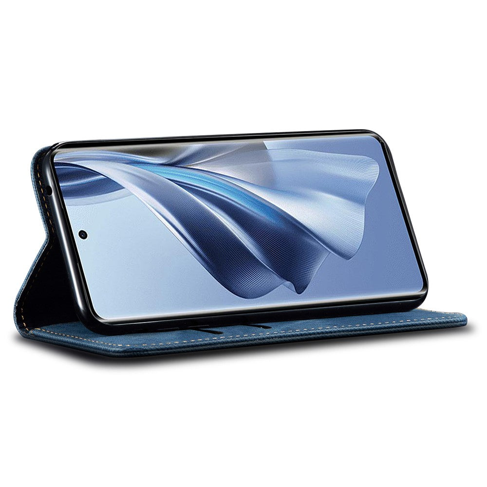 For Oppo K12x 5G (India) Case Jeans Cloth Texture Anti-Scratch Leather Stand Phone Cover - Blue