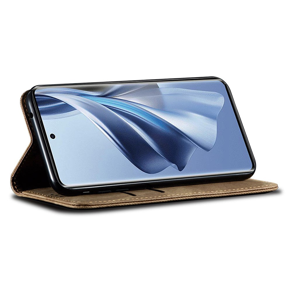 For Oppo K12x 5G (India) Case Jeans Cloth Texture Anti-Scratch Leather Stand Phone Cover - Khaki