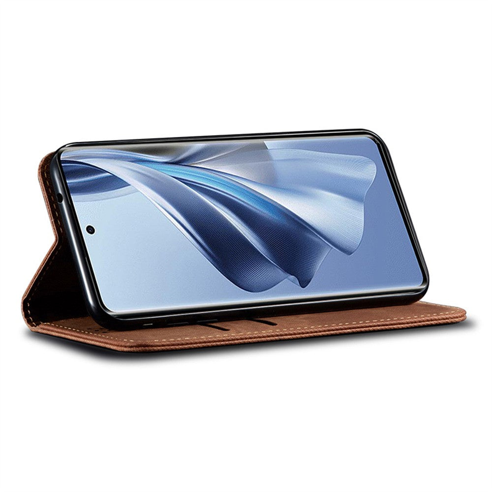 For Oppo K12x 5G (India) Case Jeans Cloth Texture Anti-Scratch Leather Stand Phone Cover - Coffee