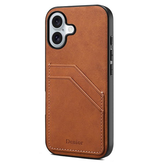 DENIOR For iPhone 16 Plus Case Dual Card Slots PU Leather+TPU+PC Phone Cover - Brown