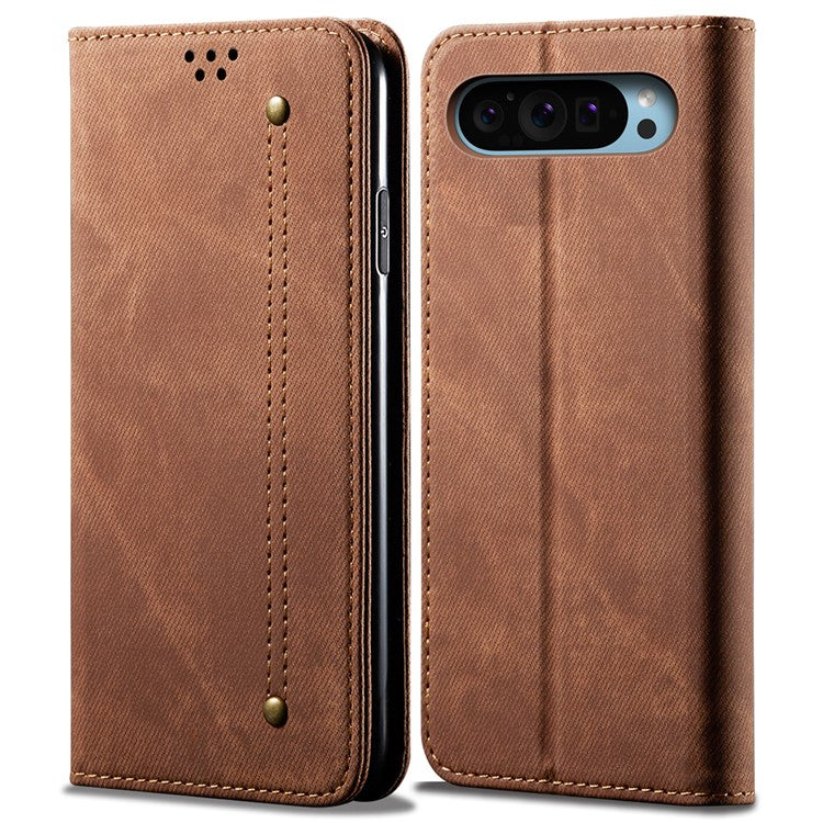 For Google Pixel 9 Pro  /  Pixel 9 Case Jeans Cloth Texture Anti-Scratch Leather Stand Phone Cover - Brown