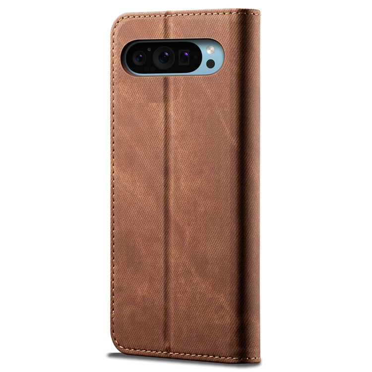 For Google Pixel 9 Pro  /  Pixel 9 Case Jeans Cloth Texture Anti-Scratch Leather Stand Phone Cover - Brown