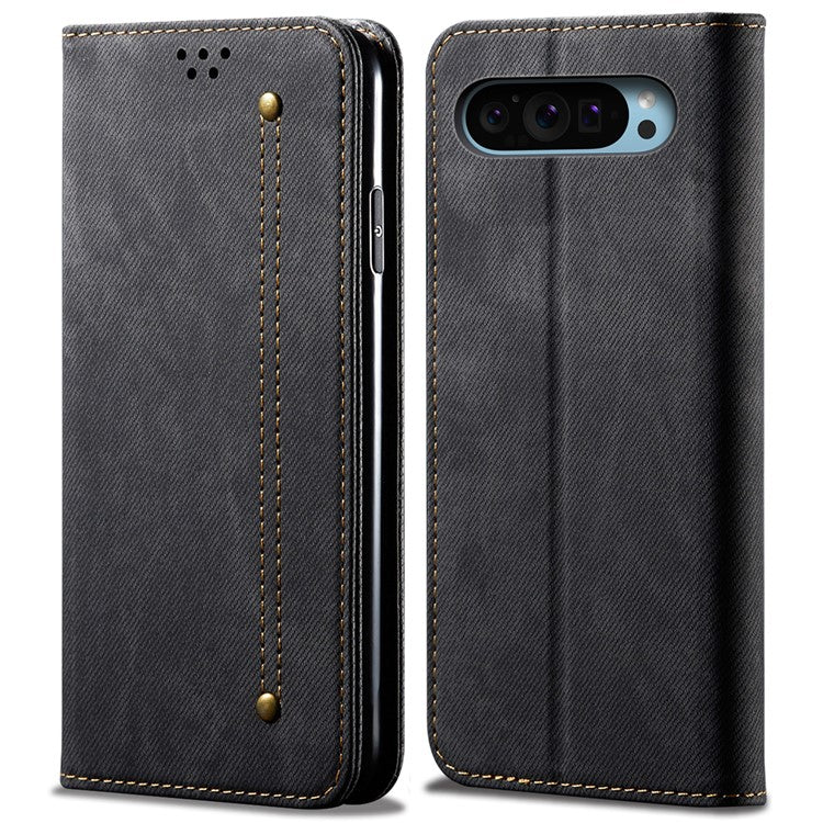 For Google Pixel 9 Pro  /  Pixel 9 Case Jeans Cloth Texture Anti-Scratch Leather Stand Phone Cover - Black