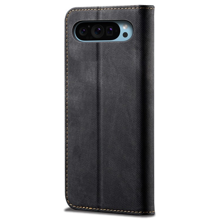 For Google Pixel 9 Pro  /  Pixel 9 Case Jeans Cloth Texture Anti-Scratch Leather Stand Phone Cover - Black