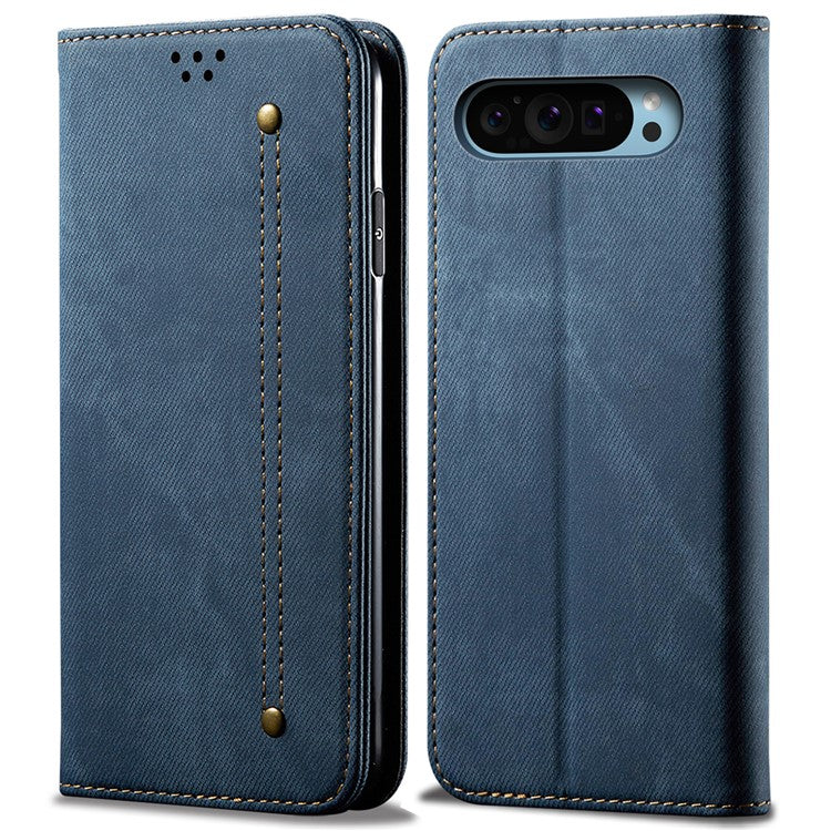 For Google Pixel 9 Pro  /  Pixel 9 Case Jeans Cloth Texture Anti-Scratch Leather Stand Phone Cover - Blue