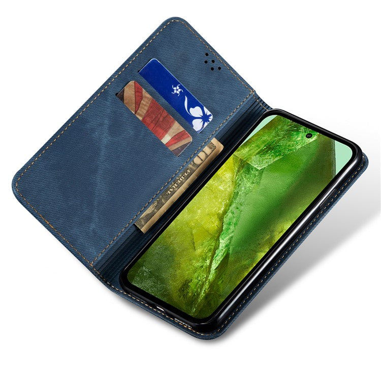 For Google Pixel 9 Pro  /  Pixel 9 Case Jeans Cloth Texture Anti-Scratch Leather Stand Phone Cover - Blue