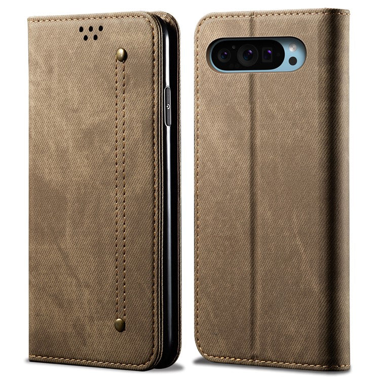 For Google Pixel 9 Pro  /  Pixel 9 Case Jeans Cloth Texture Anti-Scratch Leather Stand Phone Cover - Khaki