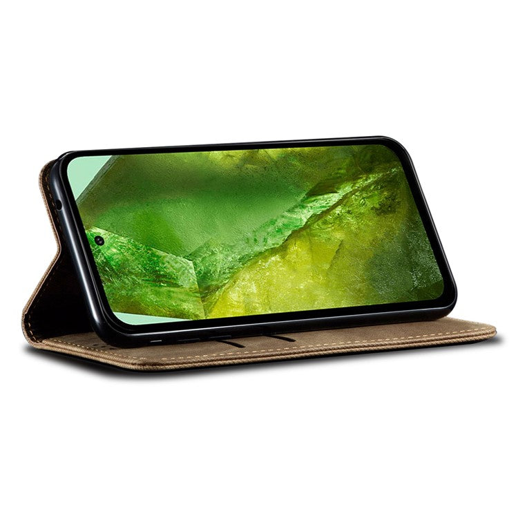 For Google Pixel 9 Pro  /  Pixel 9 Case Jeans Cloth Texture Anti-Scratch Leather Stand Phone Cover - Khaki