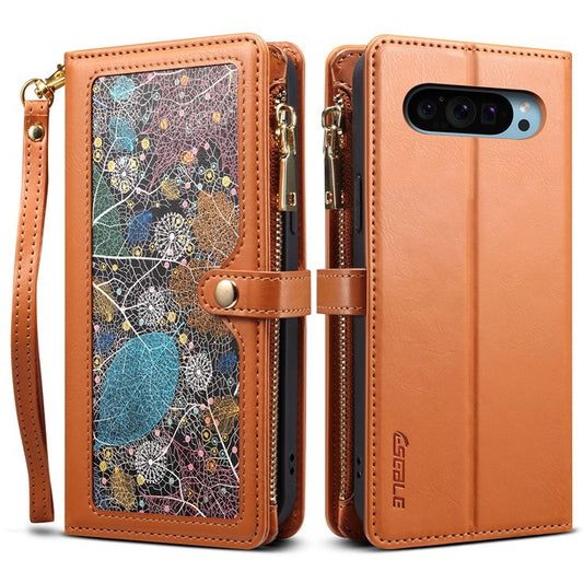 ESEBLE Galaxy Series For Google Pixel 9 Pro  /  Pixel 9 Case Leather Zipper Phone Cover RFID Blocking - Brown