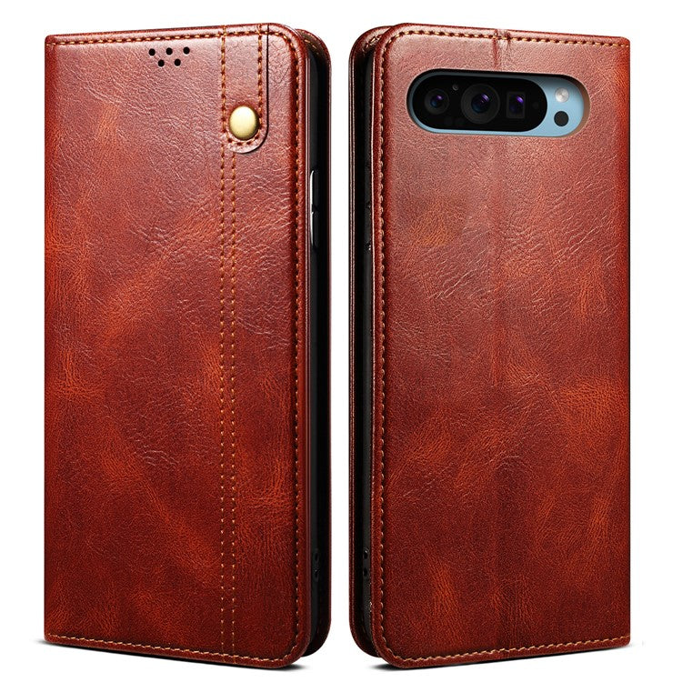 For Google Pixel 9 Pro  /  Pixel 9 Case Crazy Horse Texture Waxy Leather Wallet Stand Cover - Brown