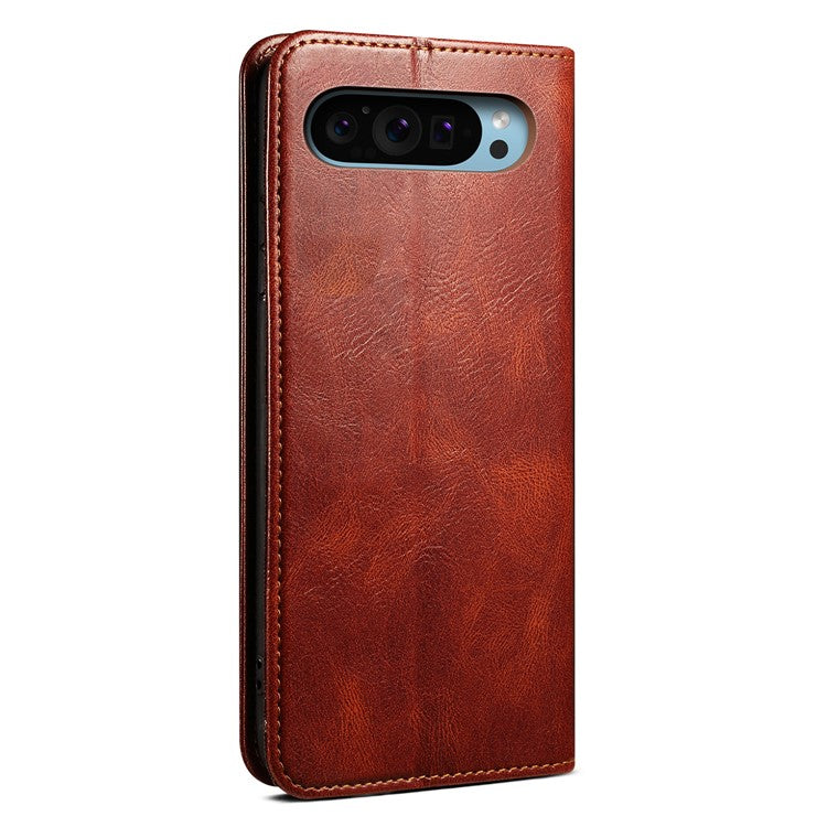 For Google Pixel 9 Pro  /  Pixel 9 Case Crazy Horse Texture Waxy Leather Wallet Stand Cover - Brown