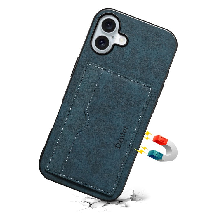 DENIOR For iPhone 16 Plus Case Card Holder Kickstand Retro Leather+PC+TPU Phone Cover - Blue