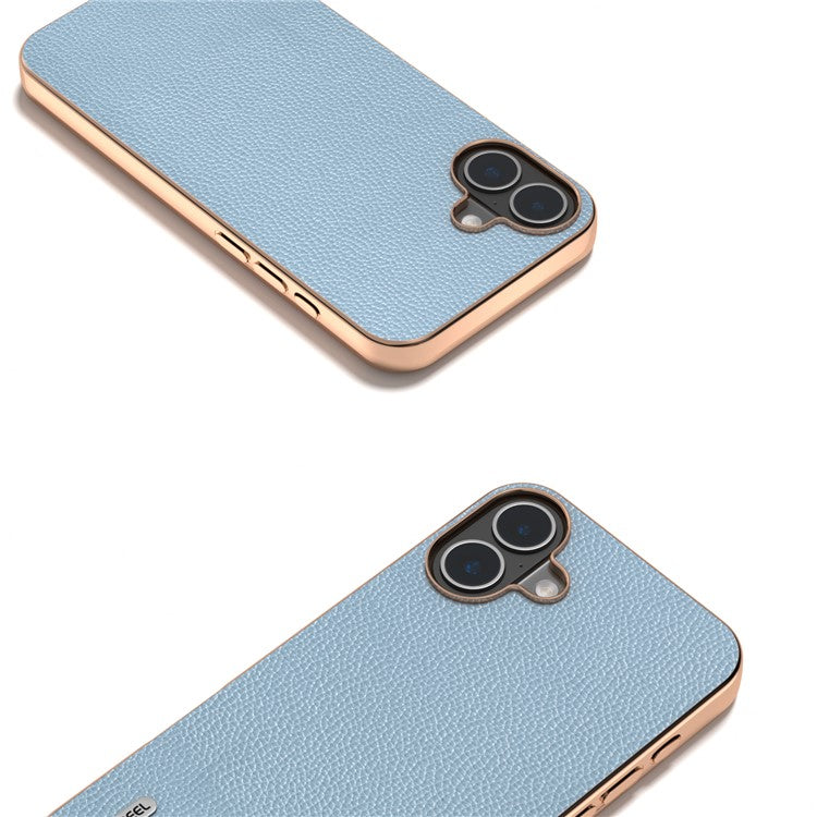 ABEEL For iPhone 16 Case Genuine Cow Leather+PC+TPU Electroplating Phone Cover - Baby Blue