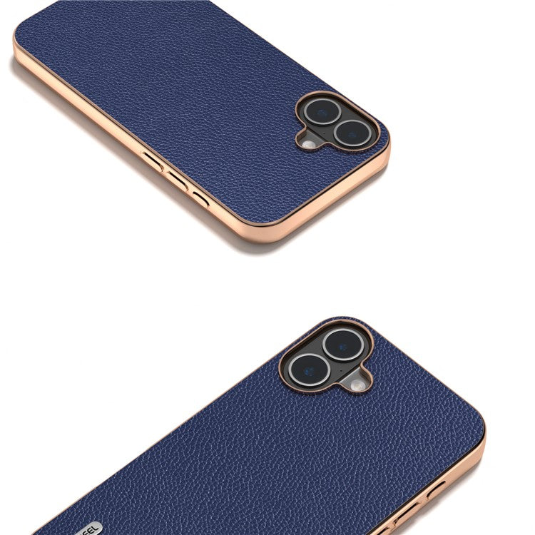 ABEEL For iPhone 16 Plus Case Genuine Cow Leather+PC+TPU Electroplating Phone Cover - Blue