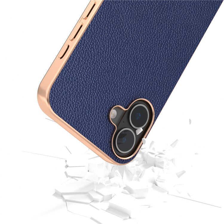 ABEEL For iPhone 16 Plus Case Genuine Cow Leather+PC+TPU Electroplating Phone Cover - Blue
