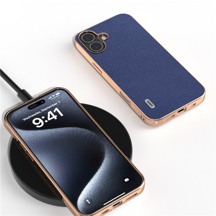 ABEEL For iPhone 16 Plus Case Genuine Cow Leather+PC+TPU Electroplating Phone Cover - Blue