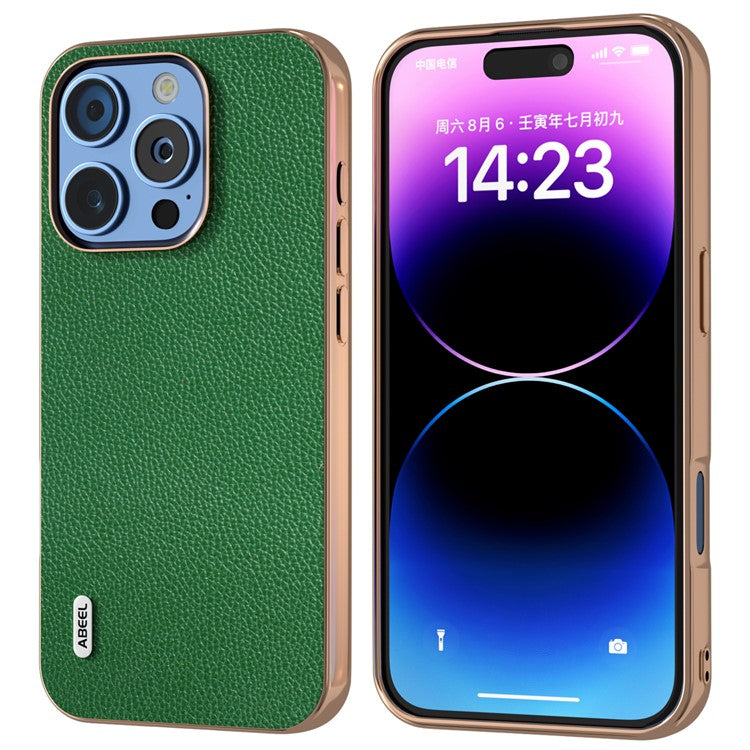 ABEEL For iPhone 16 Pro Case Genuine Cow Leather+PC+TPU Electroplating Phone Cover - Green