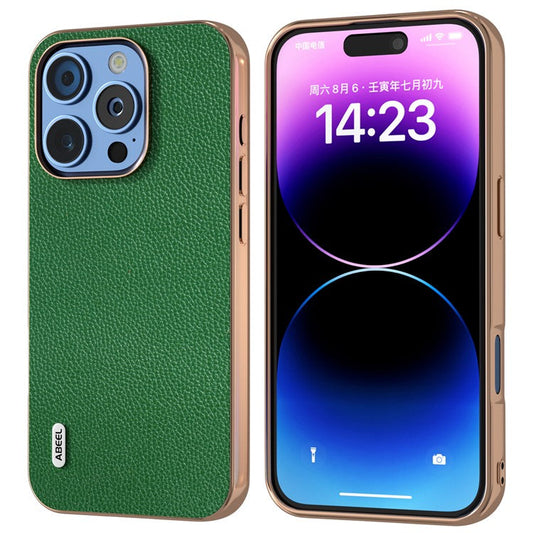 ABEEL For iPhone 16 Pro Case Genuine Cow Leather+PC+TPU Electroplating Phone Cover - Green