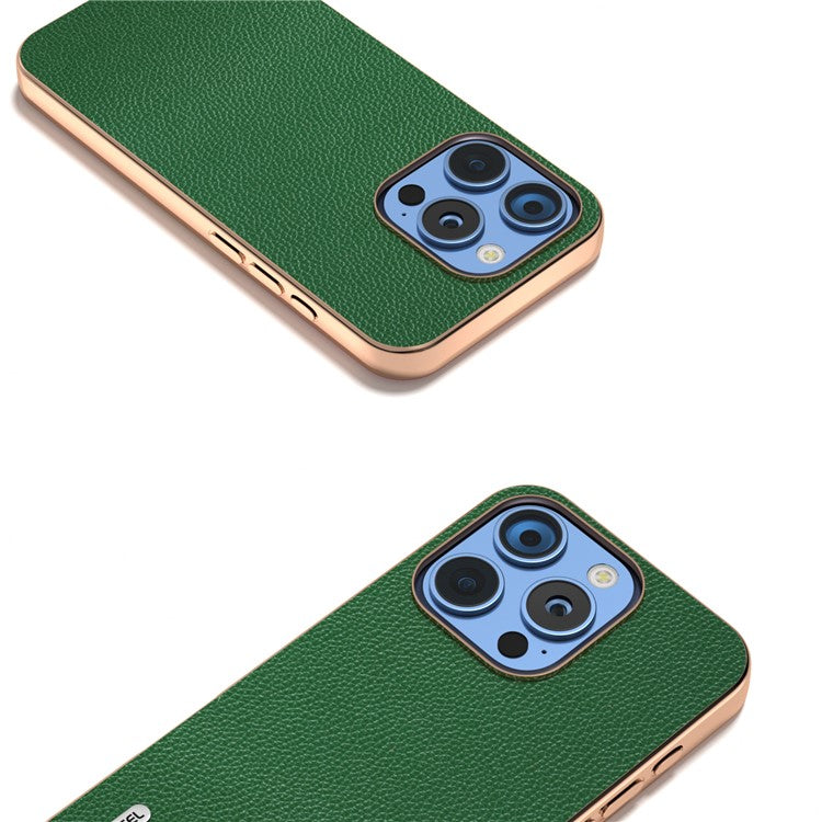 ABEEL For iPhone 16 Pro Case Genuine Cow Leather+PC+TPU Electroplating Phone Cover - Green