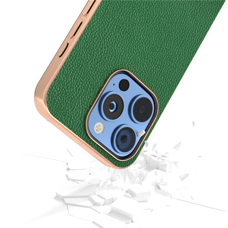 ABEEL For iPhone 16 Pro Case Genuine Cow Leather+PC+TPU Electroplating Phone Cover - Green