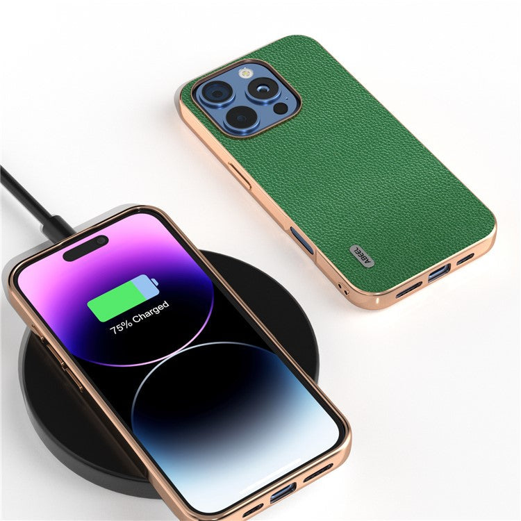 ABEEL For iPhone 16 Pro Case Genuine Cow Leather+PC+TPU Electroplating Phone Cover - Green